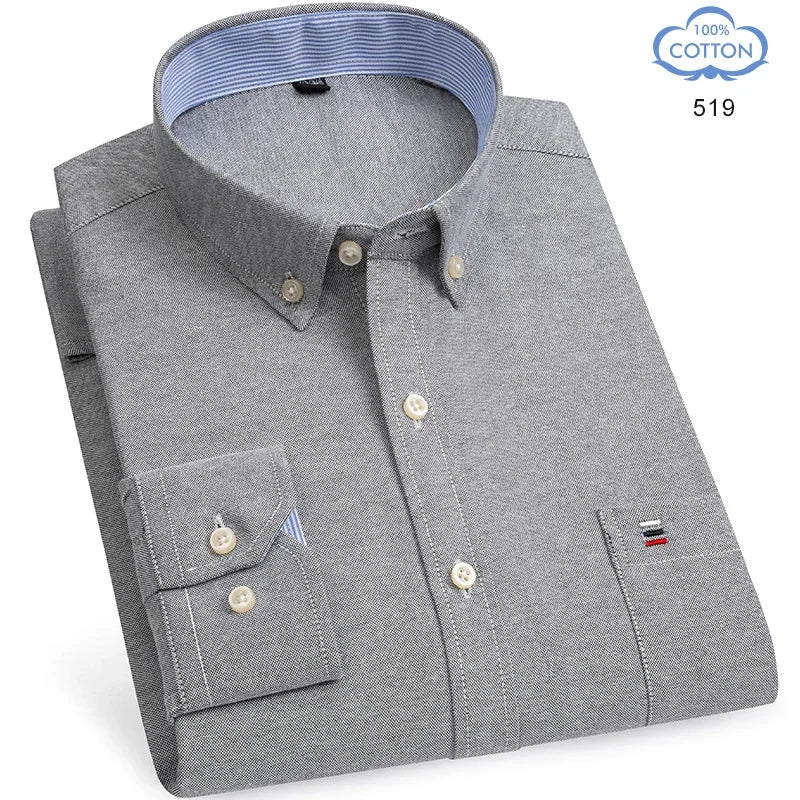 100 Percent Cotton Oxford Shirt For Men Long Sleeve Plaid Pattern Business Office Wear Smart Casual