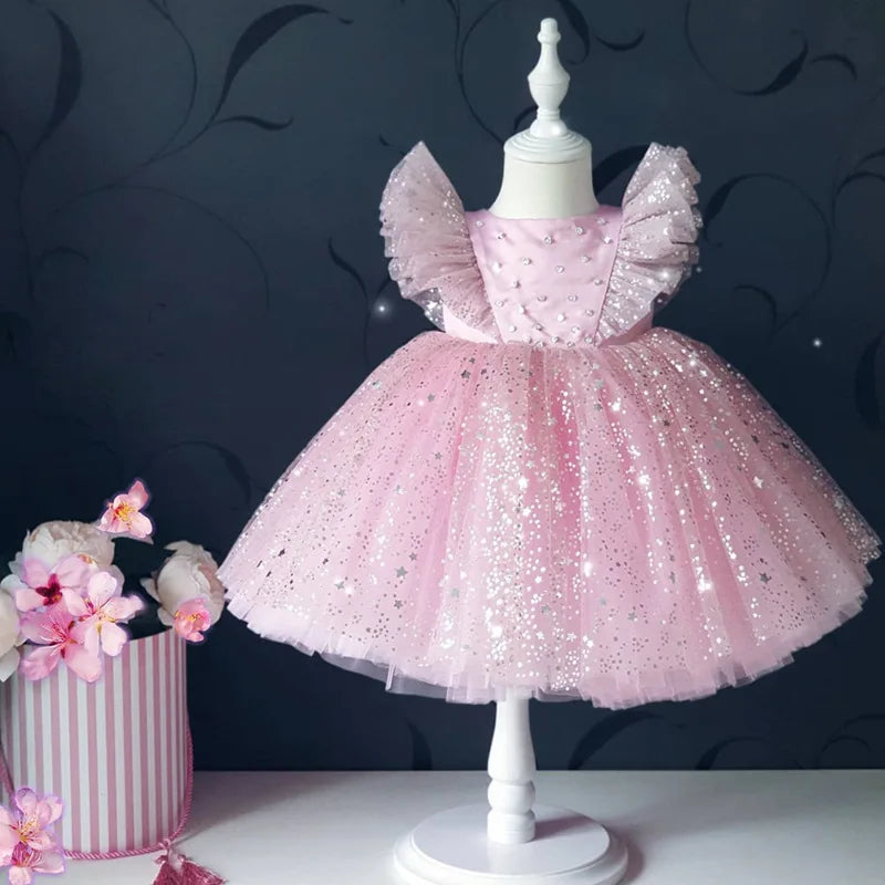 Children Summer Dresses Star Sequin Princess Dress Toddler Girls Puffy Mesh Wedding Dress Luxury Evening Dress Baby Clothes 1-5Y
