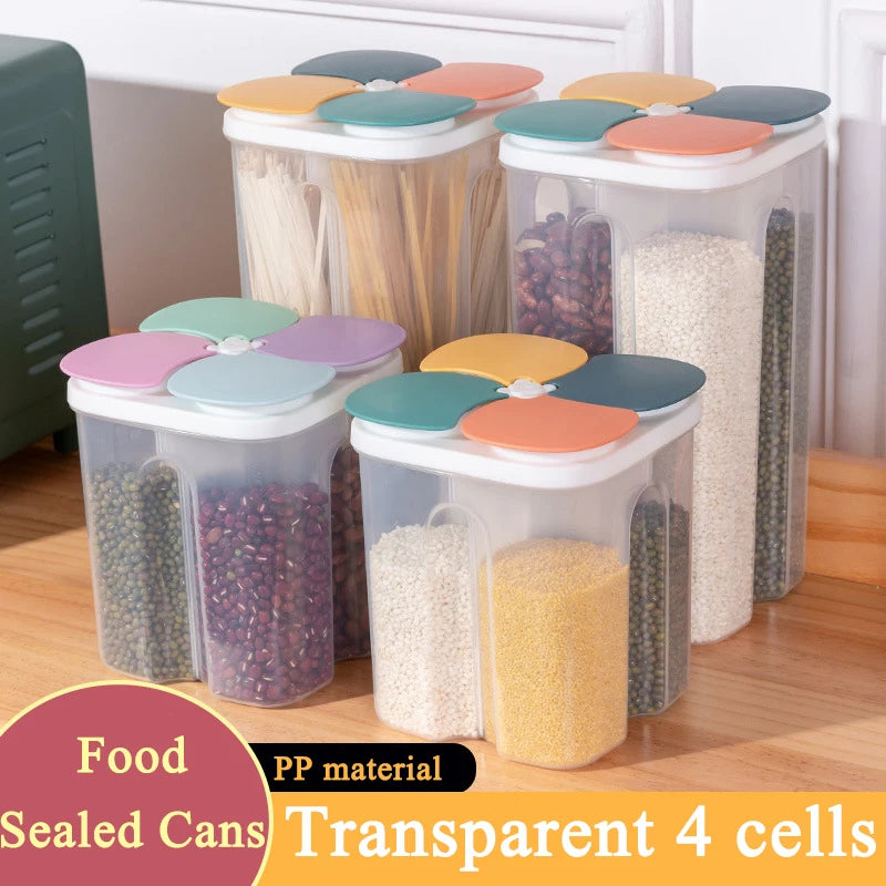 Caja de almacenamiento de cereales para cocina, de plástico, con 4 compartimentos, tarro sellado para cereales, recipiente para alimentos, tanque de grano a prueba de humedad, caja para mantener frescos los espaguetis