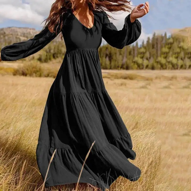 Woman's Solid Color V Neck Dress Elegant A Line Maxi Dress with Pleated Long Sleeves Femme Robe Solid Color Big Swing for Dating
