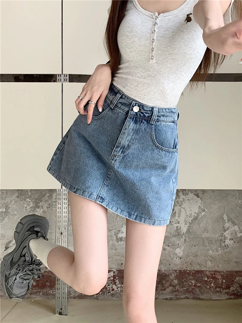 Elegant American Style High Waist A-Line Denim  Skirt Women's Fashionable Slimming Short Skirt Pants Skirt