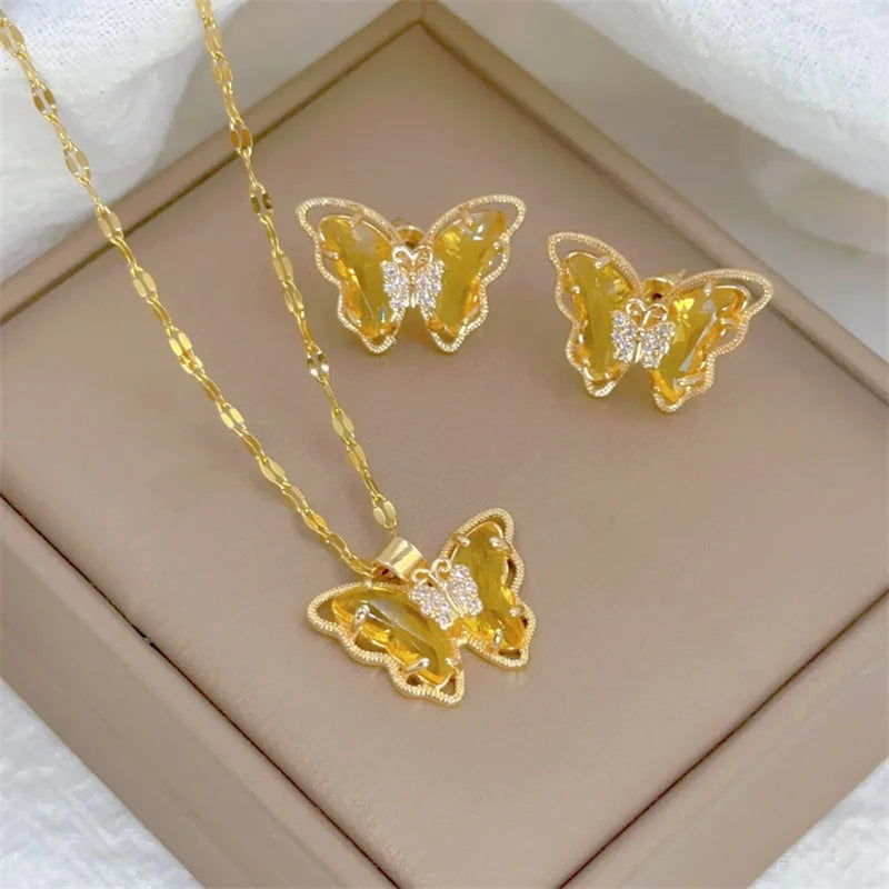 Butterfly Necklace Earrings Set For Women Micro Inlaid Design Stainless Steel Jewelry Luxury