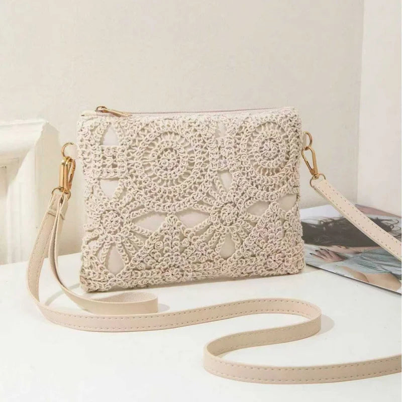 Simple Versatile Crossbody Crochet Bag, New Woven Bag, Zipper Closure, Retro Casual Beach Flower Women's Bags