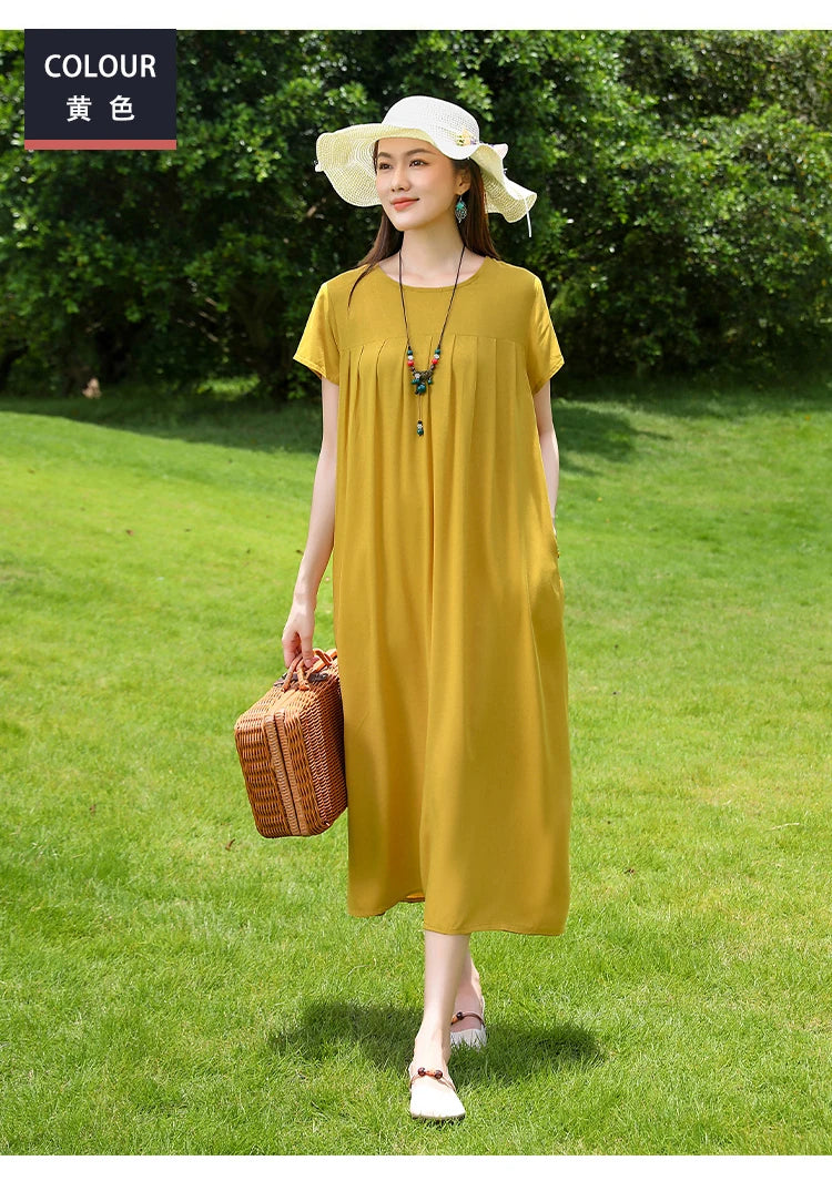 New Fashion Casual 2025 Summer Elegant Dresses For Women O-Neck Print Vintage Short Sleeve Dress Loose Women Clothing