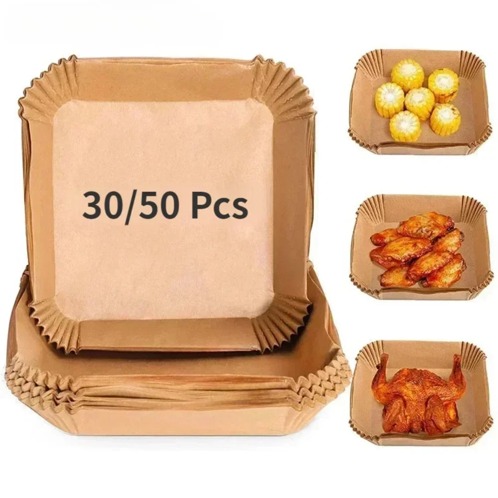 50/30 Piezas Accesorios de Cocina Papel para Freidora de Aire Utensilios de Cocina Desechables Cuadrados Redondos Moldes para Repostería Bandeja para BBQ Almohadilla Antiadherente