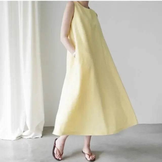 Korean Fashion Women Dress Casual Round Neck Loose Solid Color Casual Big Swing Sleeveless Long Linen Lazy Style Vestidos