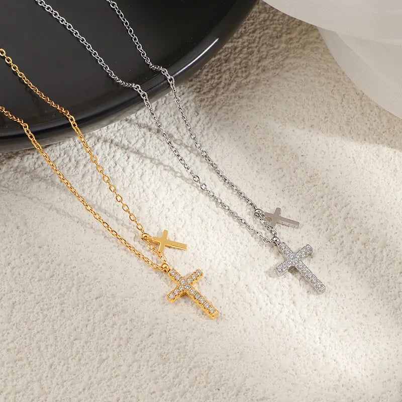 Stainless Steel Pave Cz Double Cross Pendant Chain Necklace For Women'S Girl