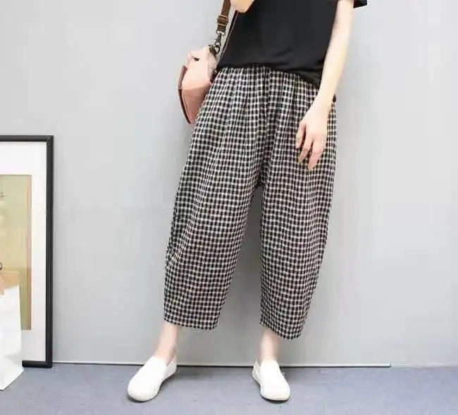 Summer Plaid Fashion Haren Pants Women High Street Casual Loose Pockets High Waist Pure Cotton All-match Comfortable Trousers