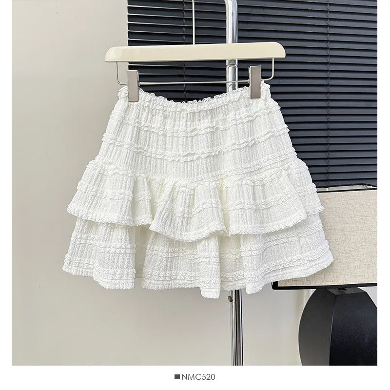 Small Girl Fashion Short Black Pink White 2 Piece Dress Sets 2pc Summer Sexy V Neck Camis Vest Top&Ruffles Cake Mini Skirt Suits
