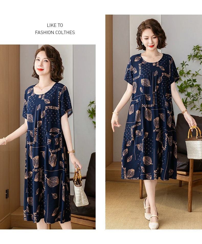New 2025 Summer Dress Long Vintage Loose Women Elegant Sundress Dress Casual O-neck Dresses Print Plus Size