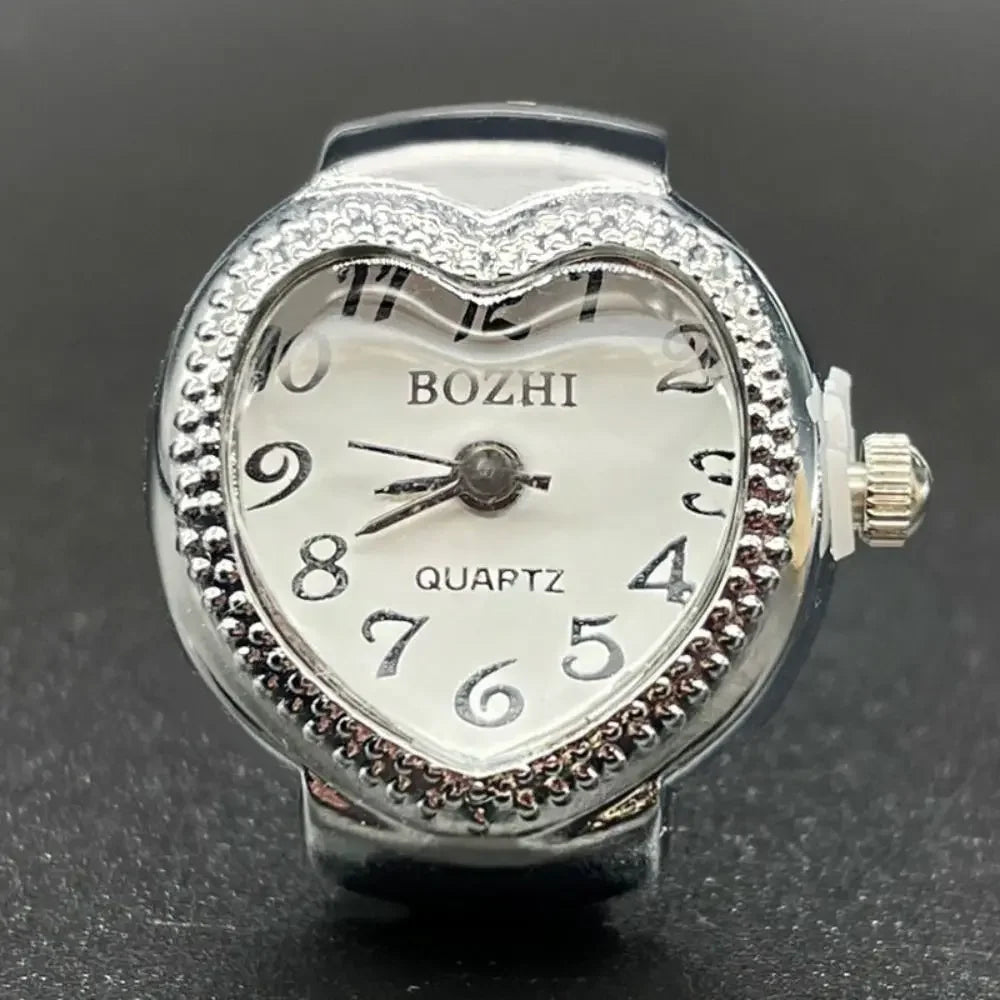 Finger Ring Watch For Couples Vintage Punk Heart Shape Quartz Clock With Adjustable Elastic Strap