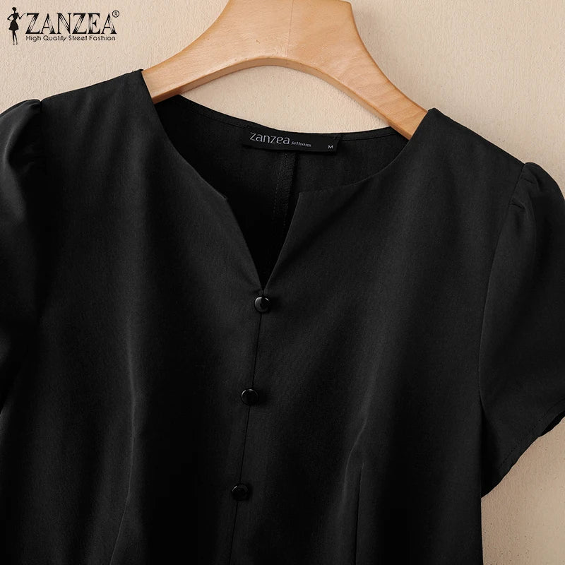 Stylish Summer Dress 2025 ZANZEA Women Elegant V-Neck Midi Dresses Office Work Sundress Short Sleeve Solid Buttons Vestidos Robe
