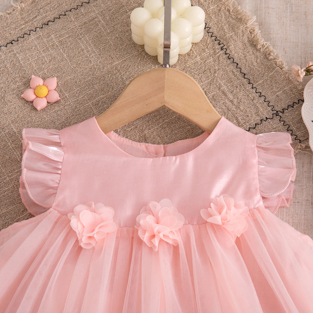 Korean Style Sweet Solid Color Baby Girl Dress Summer Fashion Flower Birthday Party Gift or Wedding Princess Fairy Toddler Dress