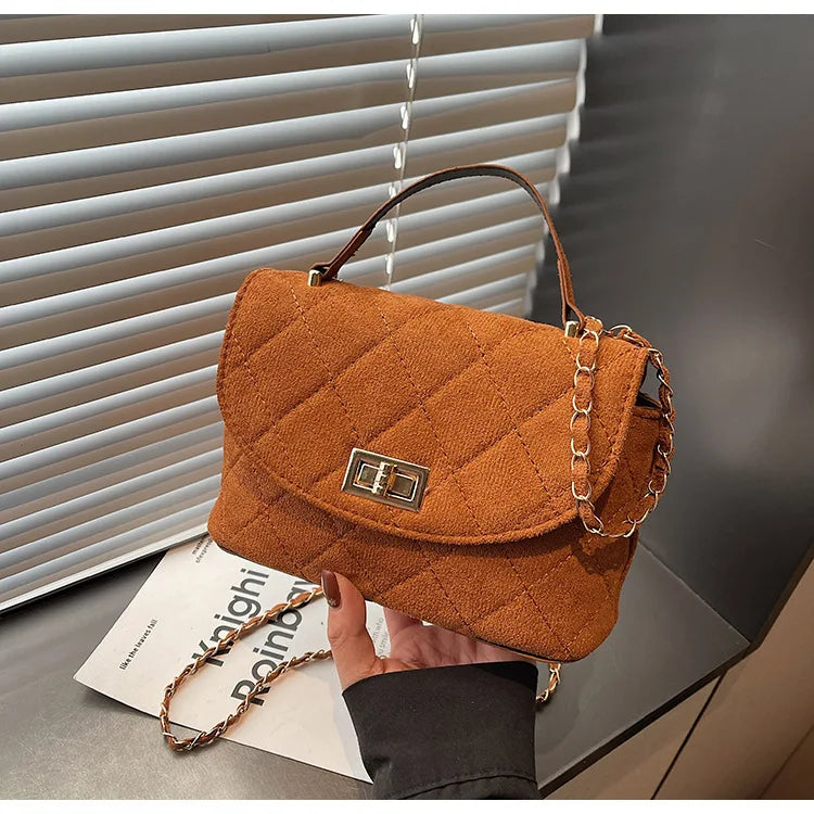 Diamond Grid Chain Crossbody Bag One Shoulder Purse Trendy Flip Top Clutch Women's Fashion Suede Leather Casual Shoulder Bag