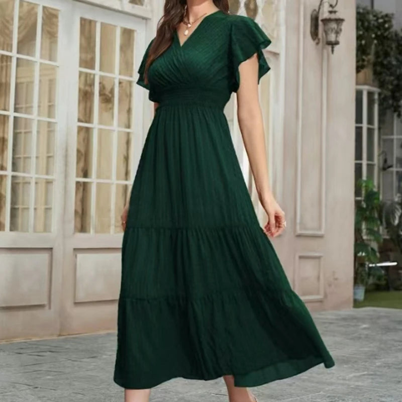 Elegant Women's Summer Casual Solid Color Long Dress Fashion Holiday Sexy V Neck Pleated Short Sleeve Maxi Dresses Vestido