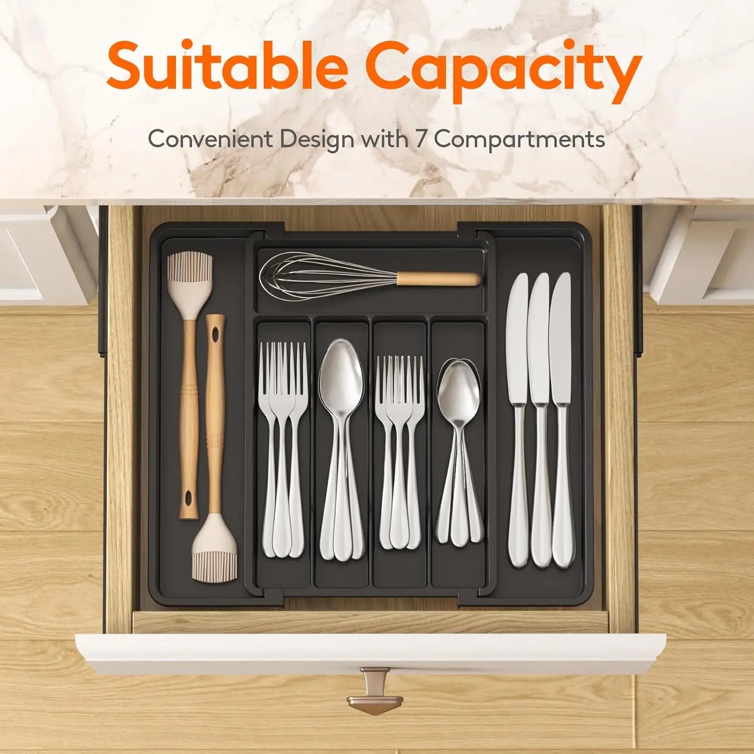 1 organizador de cubiertos plateados - Organizador expandible de cajones de cocina, organizador ajustable de utensilios, bandeja de cubiertos para tenedores, cuchillos,