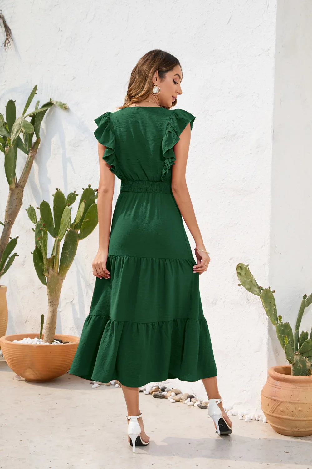 VigoCasey 2026 Summer Female Solid Long Dress Women Sexy Ruffle Sleeveless V Neck Long Dress Lady Casual High Waist Dresses