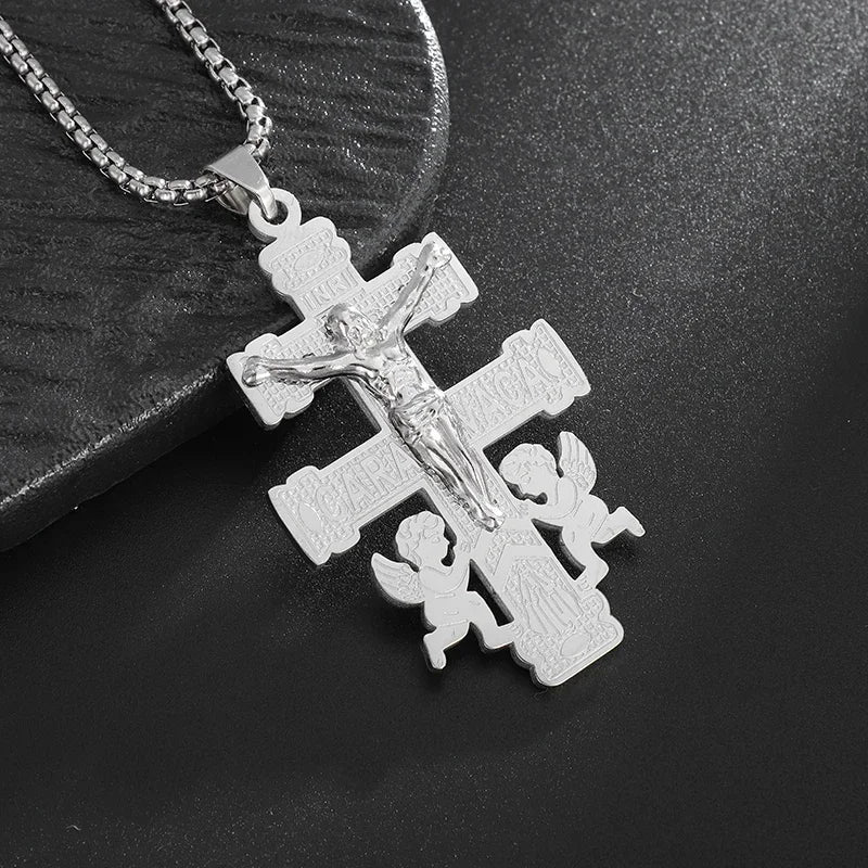 Jesus Christ Cross Mens Necklace Gold Color Cross Religious Pendant Necklace Accessory Chain Accessories