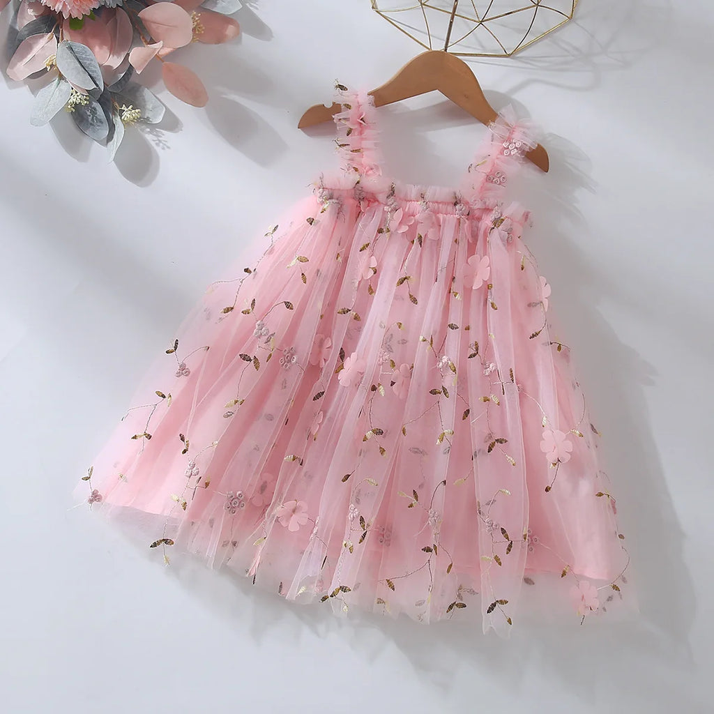 Toddler Baby Girl Princess Embroidery Strap Tutu Dress Sleeveless Flower Kid Mesh Vestido Party Birthday Baby Girl Beach Clothes