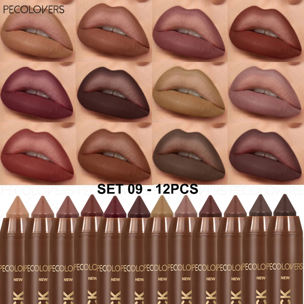 PECOLOVERS 12-Piece Matte Lip Liner and Lipstick Set - Waterproof