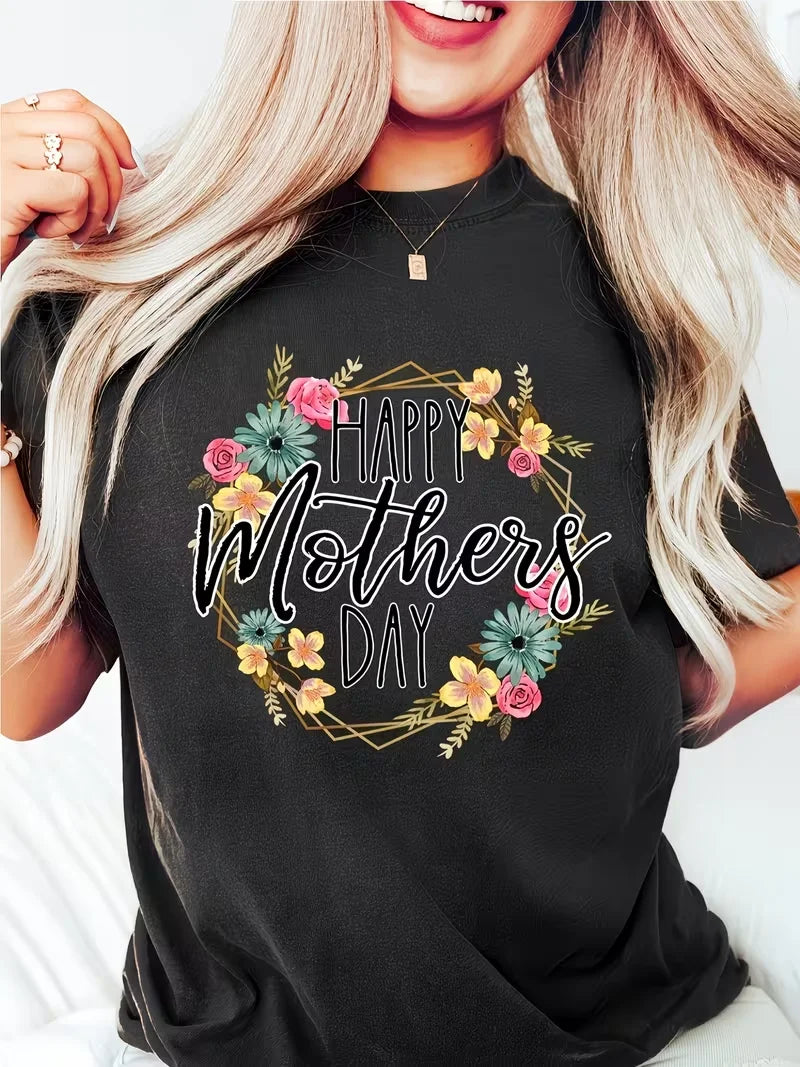 Women's Floral Heart Print T-Shirt - Casual Short Sleeve Round Neck