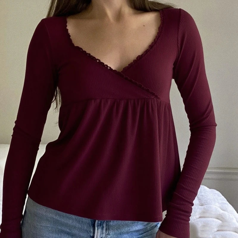 Maemukilabe Women's V-Neck Long Sleeve T-Shirt - Vintage Y2k Style