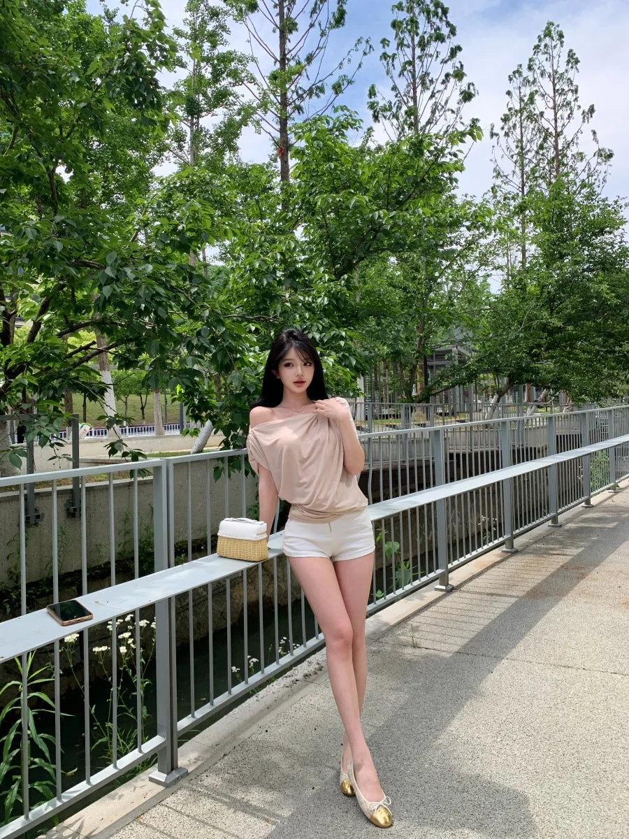 Sexy Slim Fit Metal Buckle Asymmetrical Shoulder Top Pleated Design Versatile Single Wear Tank Top Breathable Short Length