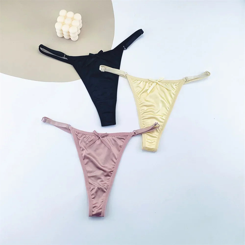 3PCS Women's Adjustable Satin G-String Thong Panties - Low-Rise Bow