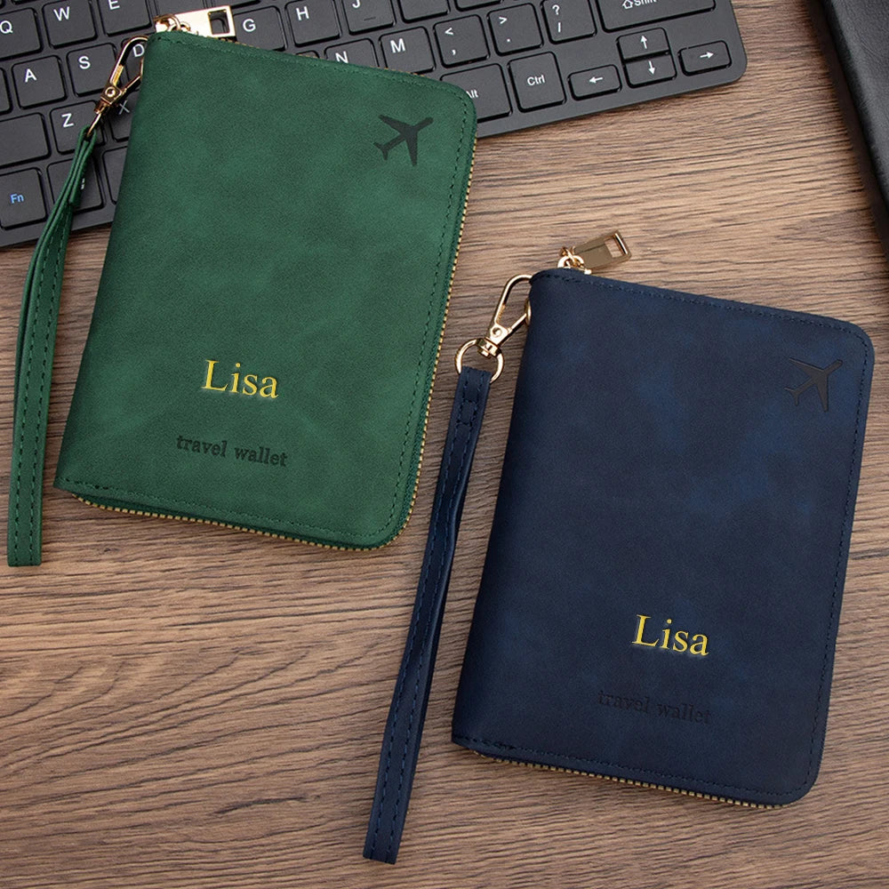Customized name RFID anti-magnetic passport case with zipper for travel passport holder, multi-functional document storage bag