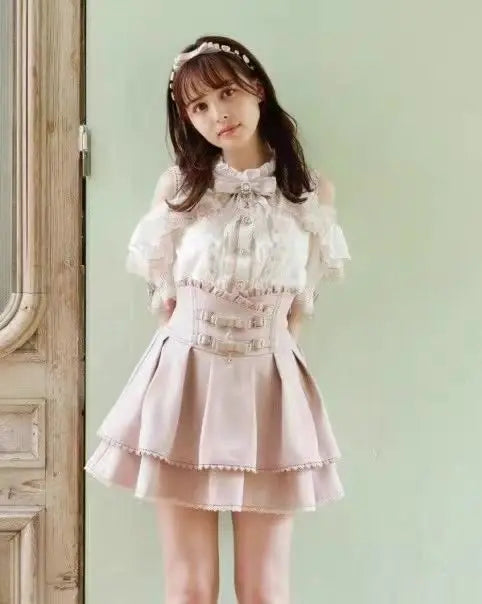 Sweet Lolita Jirai Kei High Waist Skort - Double Bow Buckle Short Skirt for Women Japanese Y2K Kawaii Fashion Summer Casual