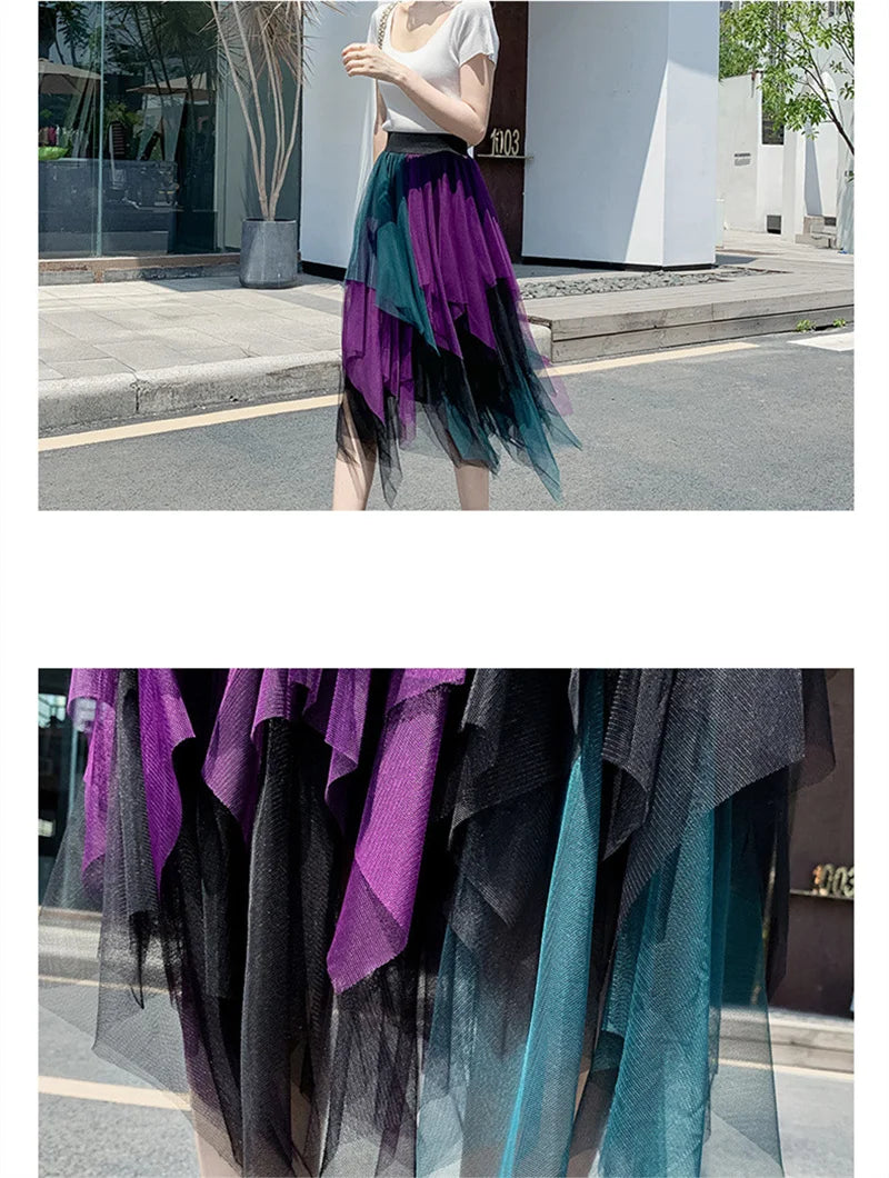 Summer Tutu Women Skirt Harajuku Casual Tulle Bottom Jupe Femme Faldas Fashion High Waist Midi Mesh Skirts Woman Clothing Saia