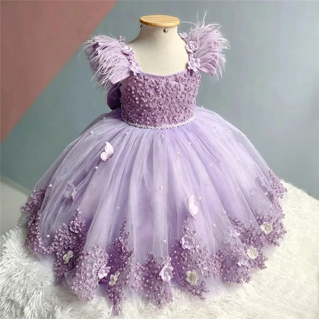 Girl Baby Tulle Fluffy Dress 3D Butterfly Pearl Feather Puffy Ball Gown Flower Girl Dresses for Wedding Birthday Party Pageant