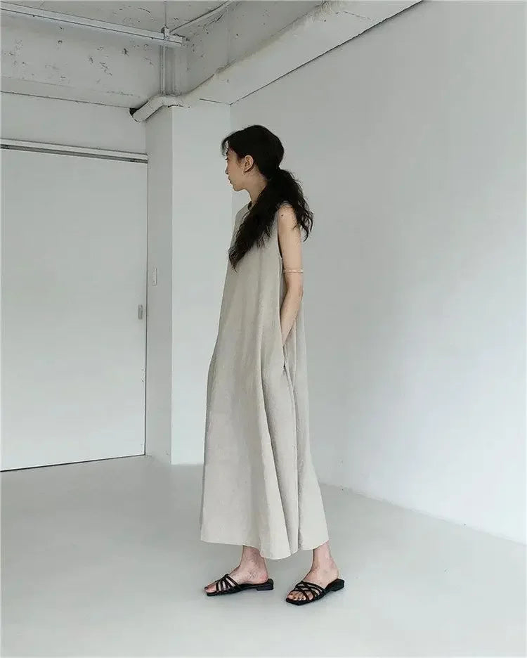 Korean Fashion Women Dress Casual Round Neck Loose Solid Color Casual Big Swing Sleeveless Long Linen Lazy Style Vestidos
