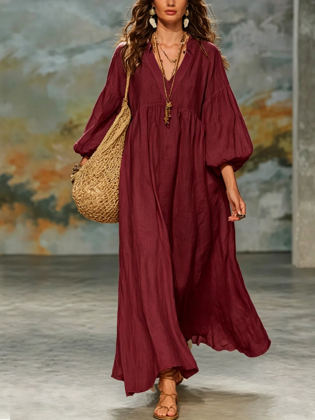 Women Bohemian Linen Maxi Dress V Neck Puff 3/4 Sleeve Loose Flowy Long Dress Casual Beach Vacation Sundress