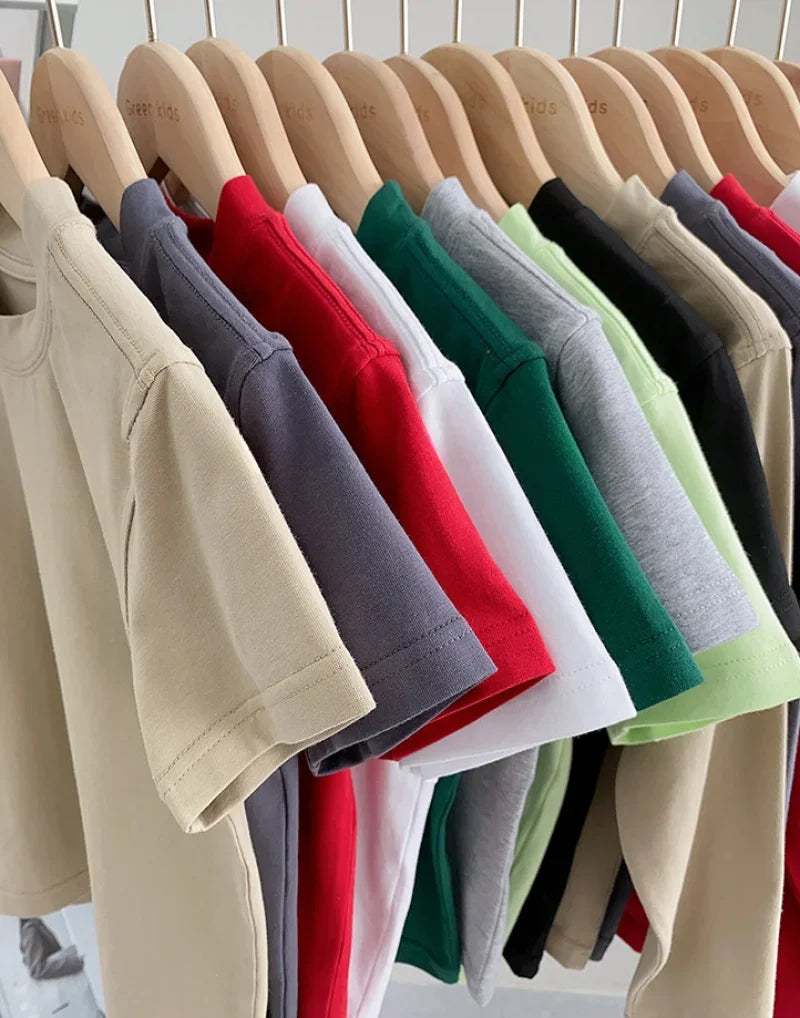 Kids Solid Color Cotton T-Shirt 2026 Spring Summer New Boys Girls Round Neck Short Sleeve Basic Tops Children Casual Tees
