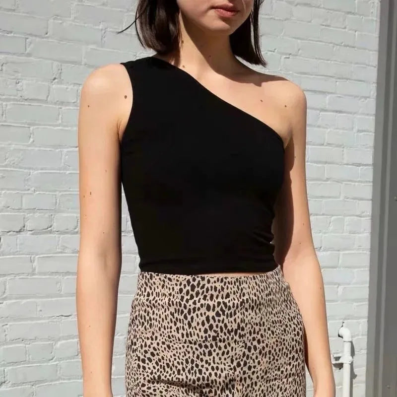 One Shoulder Cropped Tanks Top Women Summer Sleeveless Tanks Camis Sexy Oblique Collar Elastic Corset Slim Crop Tops Tube Lady