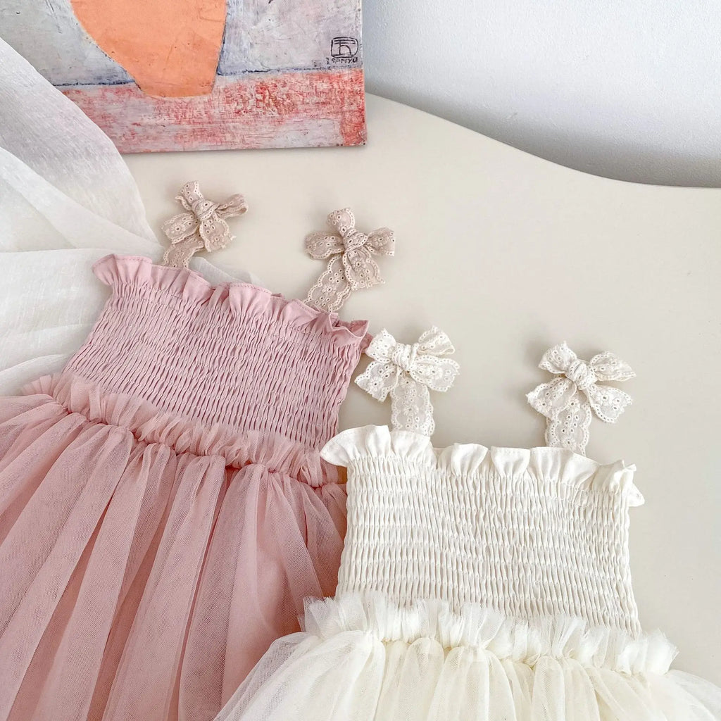 Baby Girl Summer New Bow Strap Bag Fart Clothes Baby Hundred Day Banquet One Year Old Princess Mesh Dress Gift Dress