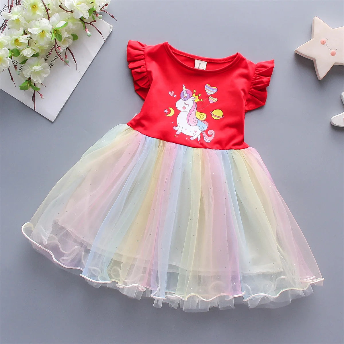 Toddler Girls Summer Dress Breathable Rainbow Mesh Patchwork Sleeveless Cute Daily Wear