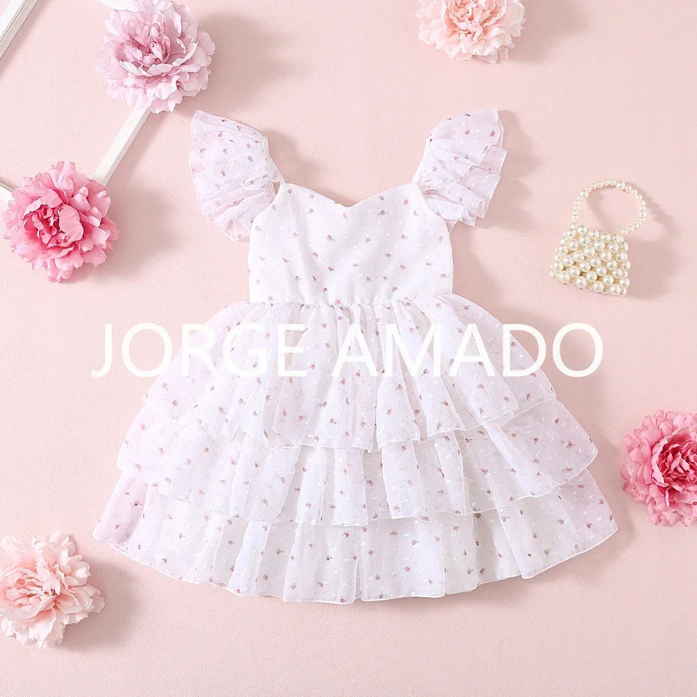Girls Floral Embroidery Layered Princess Dress | Summer Mesh Sundress