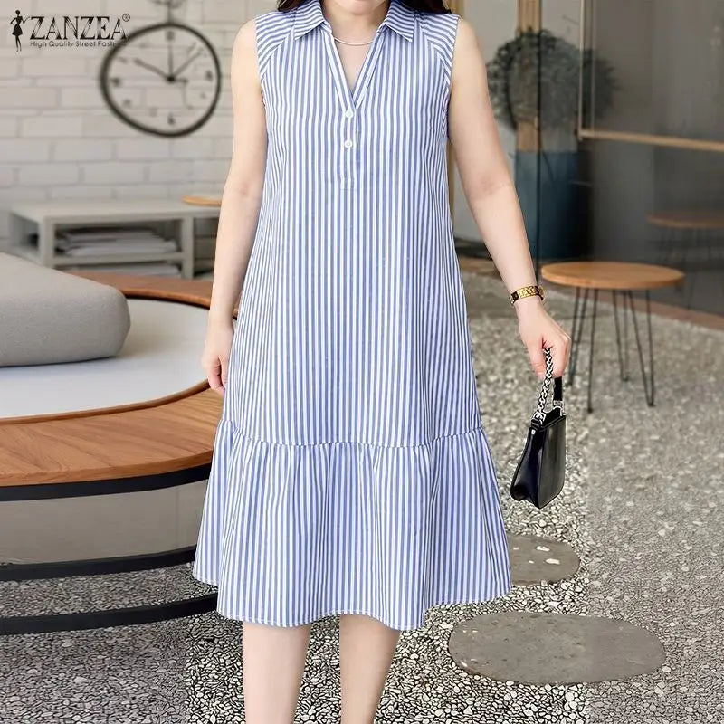 ZANZEA Elegant Women Striped Sleeveless Shirt Dress Casual Ruffle Hem Summer Holiday Button Down Office Work Midi Sundress Robe