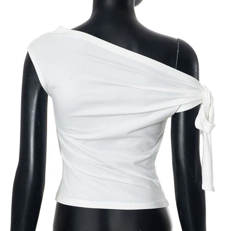 Women's Summer One-Shoulder Crop Top Asymmetric Pleated Design Backless Twist Tie Casual T-Shirt for 2025 Fashion Ins Style
