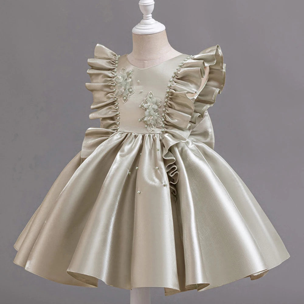 HETISO 1-6 Years Girl Princess Dress Ruffle Sleeve Kids Puffy Satin Dresses Children's Ball Gown for Birthday Holiday New Year