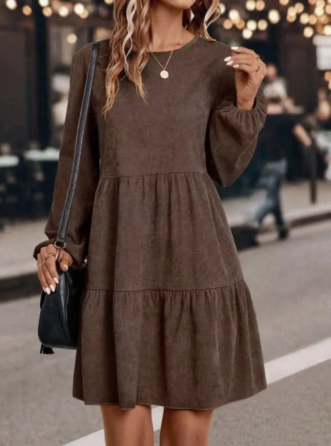Women's Long Sleeve Tiered Ruffle Mini Dress, Casual Round Neck Solid Color Swing A-Line Dress for Autumn Winter Daily Wear