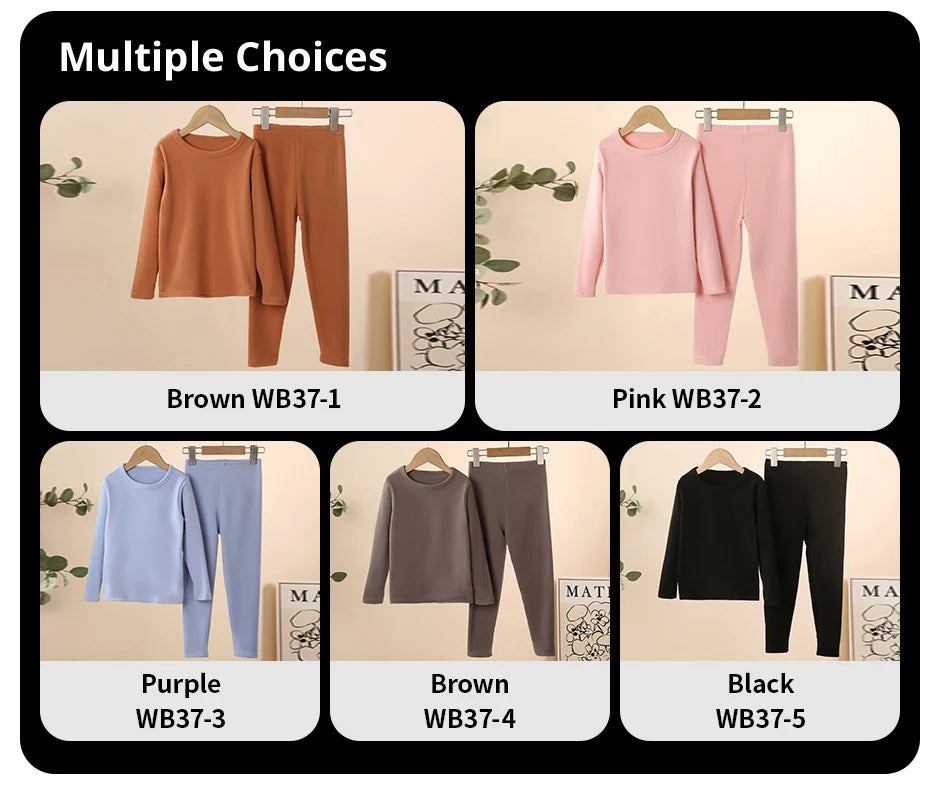 Unisex Children's Solid Color Thermal Long Johns 2-Piece Set