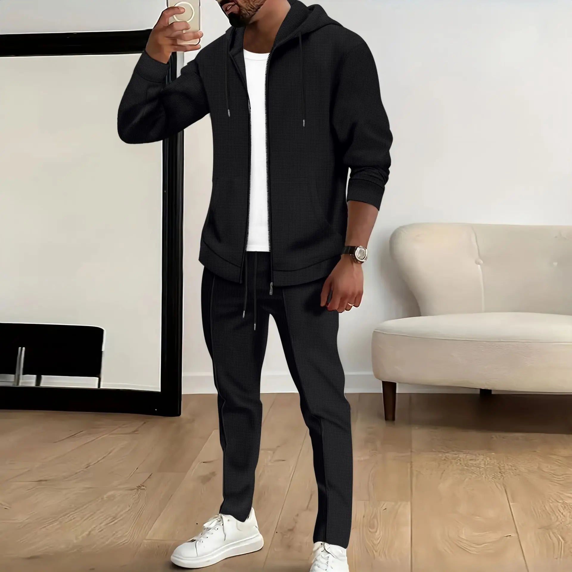 Spring And Autumn New Waffle Men'S Casual Slim-Fit Hooded Long-Sleeved Cardigan Matching Color Fashion High Quality Tracksuit Pa