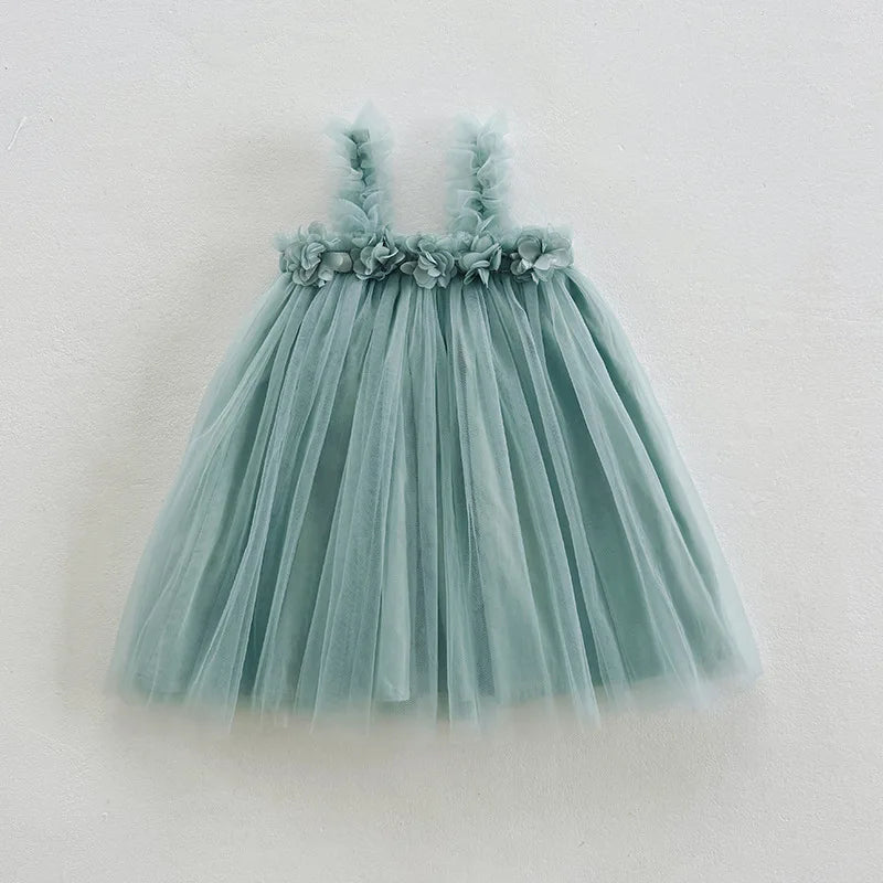 Kids Sweet Mesh Dress 1-6T Summer Children Mesh Tulle Princess Slip Tutu Dresses Girls 6 Colors 3D Flower Mermaid Birthday Dress