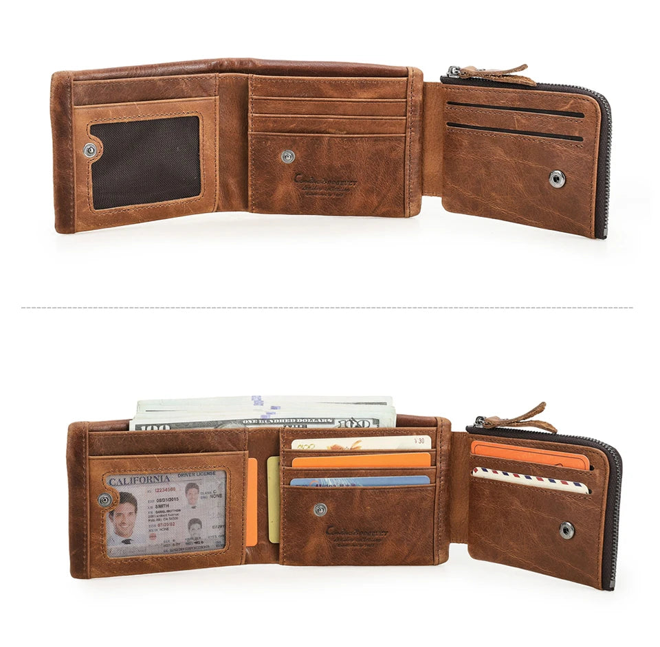 Contact’S Men’s Trifold Wallet - Genuine Crazy Horse Cowhide Leather