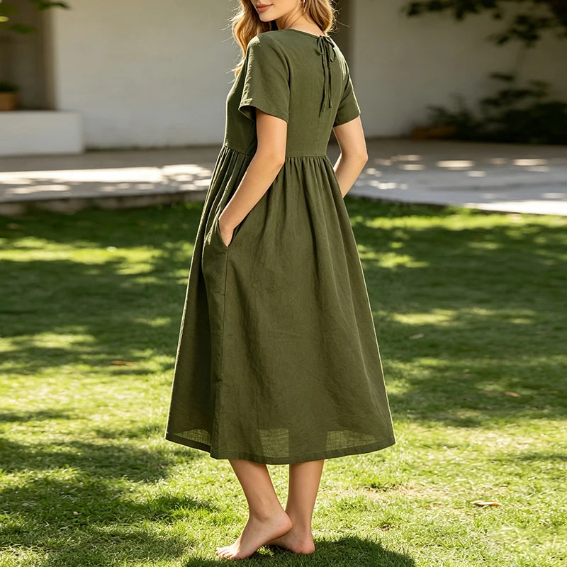 Women Cotton Linen Midi Dresses Summer Chic Female Vestidos Loose A-Line Dress Short Puffy Sleeve Casual Sundress