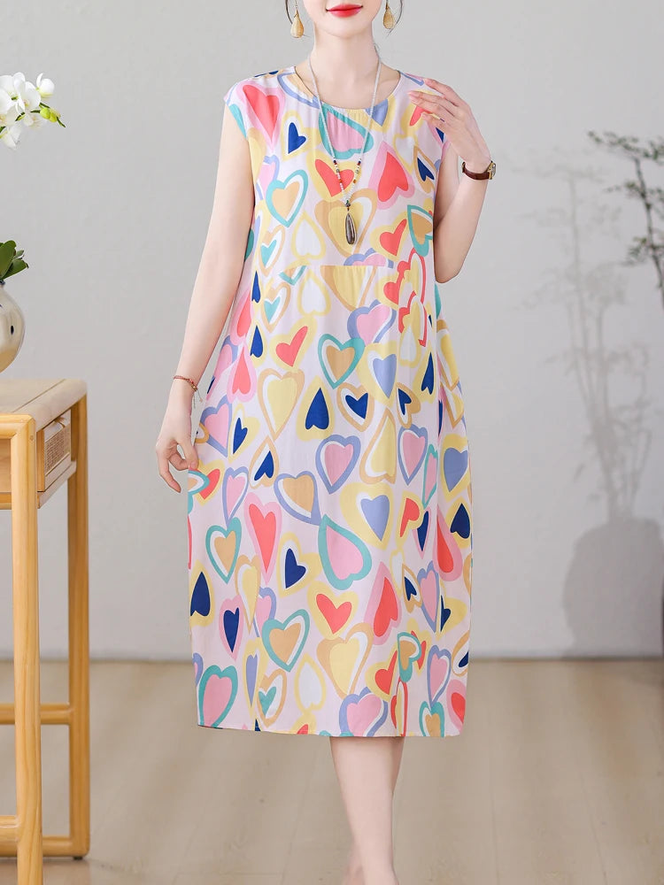 New Fashion Vintage Floral Print  Sleeveless Casual Party Femme Summer Dresses For Women 2025 O-neck Straight Women Clothing