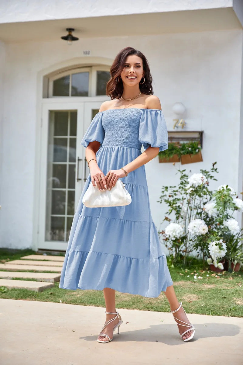 2026 Spring Summer Elegant Women's Long Dress Fashionable Solid Color Square Neck Puff Sleeve Pleated Slim Fit Loose Hem Dress